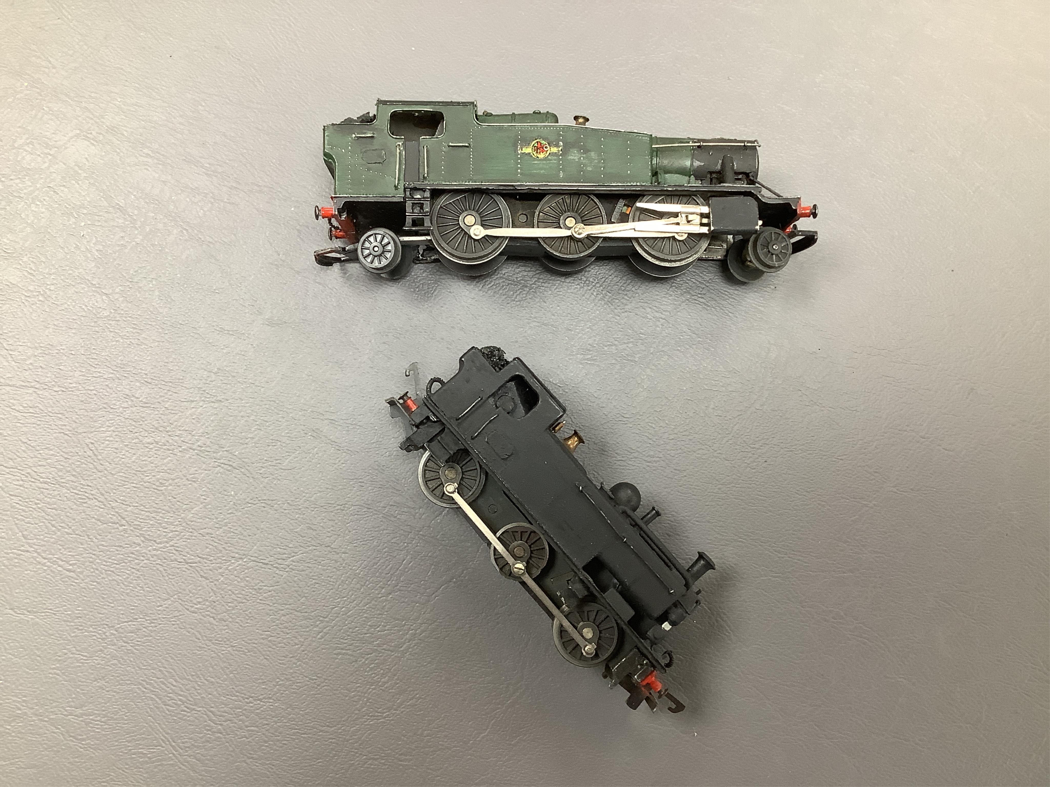 Fifteen items of TT gauge model railway by Peco, etc. including two white metal kit-built locomotives; a BR Prairie tank and a GWR 0-6-0T, together with 13 mainly kit built freight wagons, etc. Condition - fair, some rep